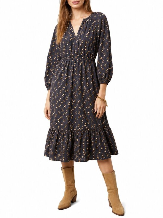 Rails Dresses & Skirts - RAILS Sal Midi Dress Dark Romantic Floral XS 3/4 Puff Sleeve Ruffle Clasp Neck